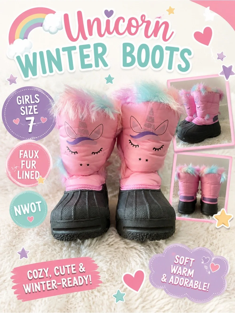 Girls Unicorn Winter Boots - Pink with Pastel Fur, Size 7 NWOT